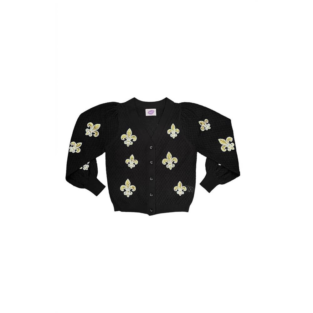 NEW SPARKLE CITY women's fleur de lis puff cardigan in black